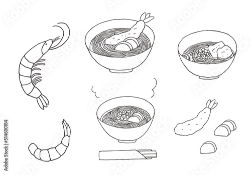 えびと蕎麦の手描きイラストセット（モノクロ）