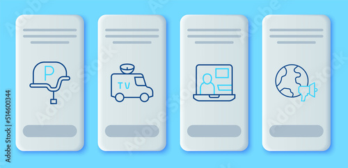 Set line TV News car, World news, War journalist and icon. Vector