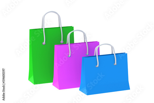 Different paper shopping bags isolated on white background. Product discounts. Big sale. 3d render