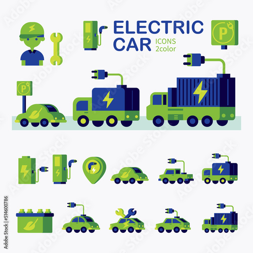 Electro vehicle flat icon set with electric eco car charge station. vector