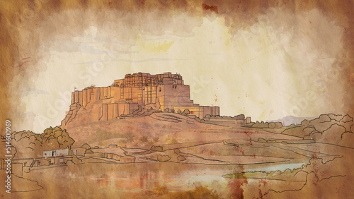 Mehrangarh fort, Rajasthan, India. Artistic sketch. vintage postcard, poster, book illustration