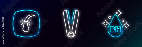Set line Oil for hair care treatment, Broken follicle and Curling iron icon. Glowing neon. Vector