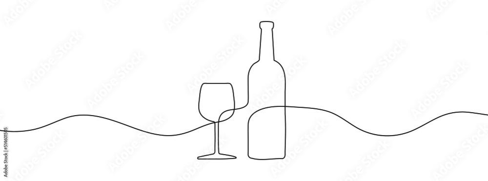 Wine bottle and wine glass drawing with one continuous line. One continuous line of a bottle and wine glass. Vector illustration. - obrazy, fototapety, plakaty 