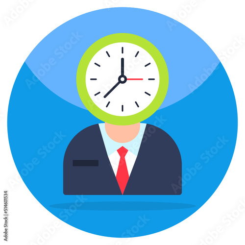 Clock on avatar head denoting concept of efficient employee