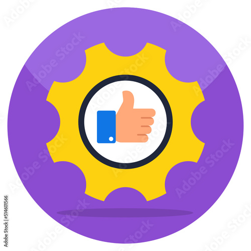 A colored design icon of feedback management, thumbs up inside gear
