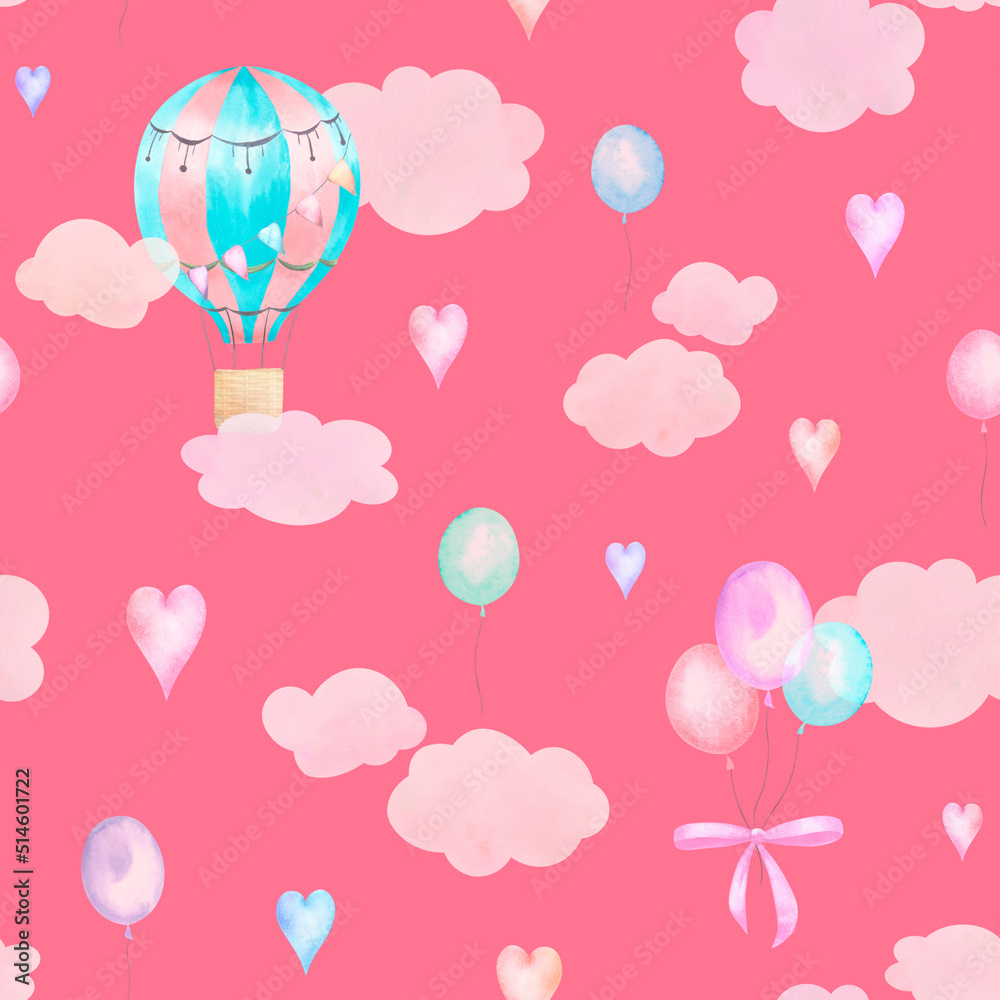 Balloons with a seamless pattern of clouds. Children's illustration.