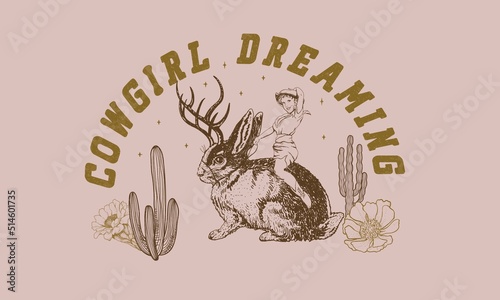 cowgirl riding jackalope vintage design