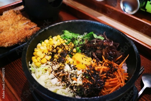 Korean food bibimbap consisting of many different vegetables, rich in nutrients