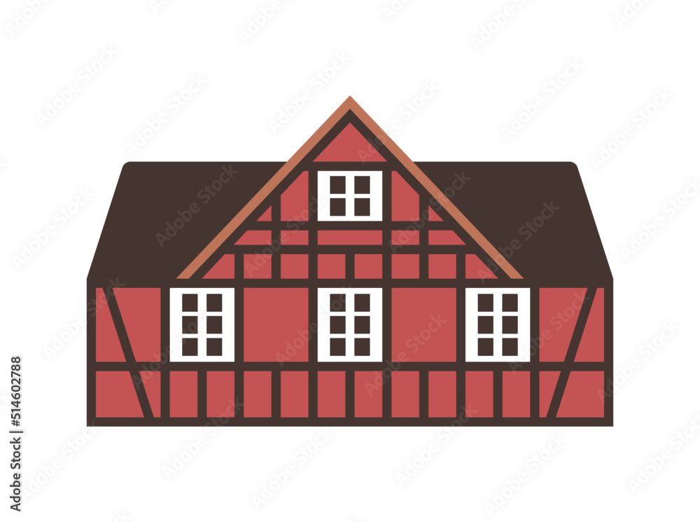 Red half-timbered thatched roof house. Flat facades vector illustration	