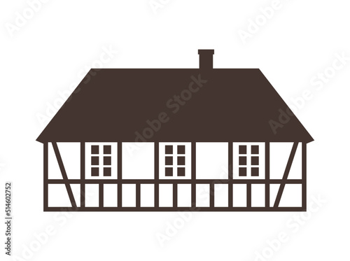 Brown half-timbered thatched roof house. Flat facades vector illustration	
