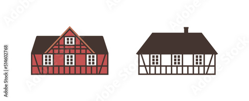 Set of half-timbered houses. Flat facades vector illustrations