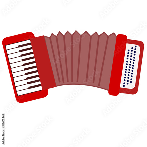 Red accordion isolated on white background.Musical instrument.Classical bayan.Retro or vintage.Music concept.Harmonic concept.Vector illustration.Sign, symbol, icon or logo isolated.Flat design.