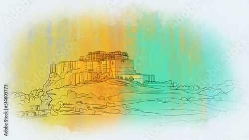 Mehrangarh fort, Rajasthan, India. Artistic sketch. Hand painted postcard, poster, book illustration