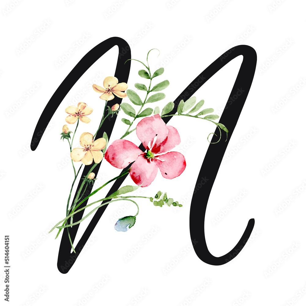 Floral alphabet, letter N with watercolor flowers and leaf. Monogram