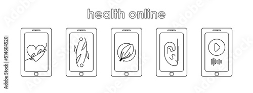 The concept of online psychology. Black and white icon with a picture of a phone and a flower, a heart and a play icon symbolizing mental health