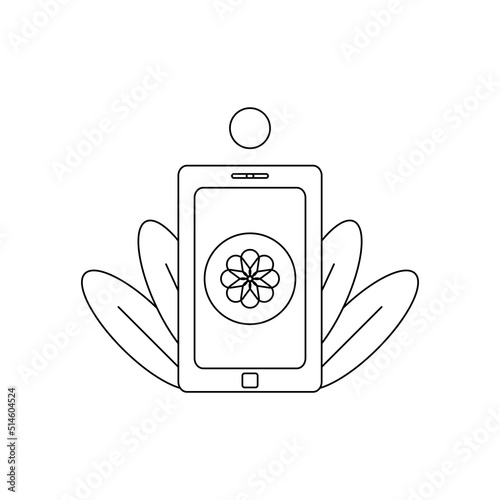 The concept of online psychology. Black and white icon with a picture of a phone and a flower symbolizing mental health