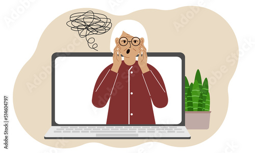 Online consultation with a psychologist. Laptop with a grandmother with confused thoughts. Psychotherapeutic practice, psychiatric consultation.