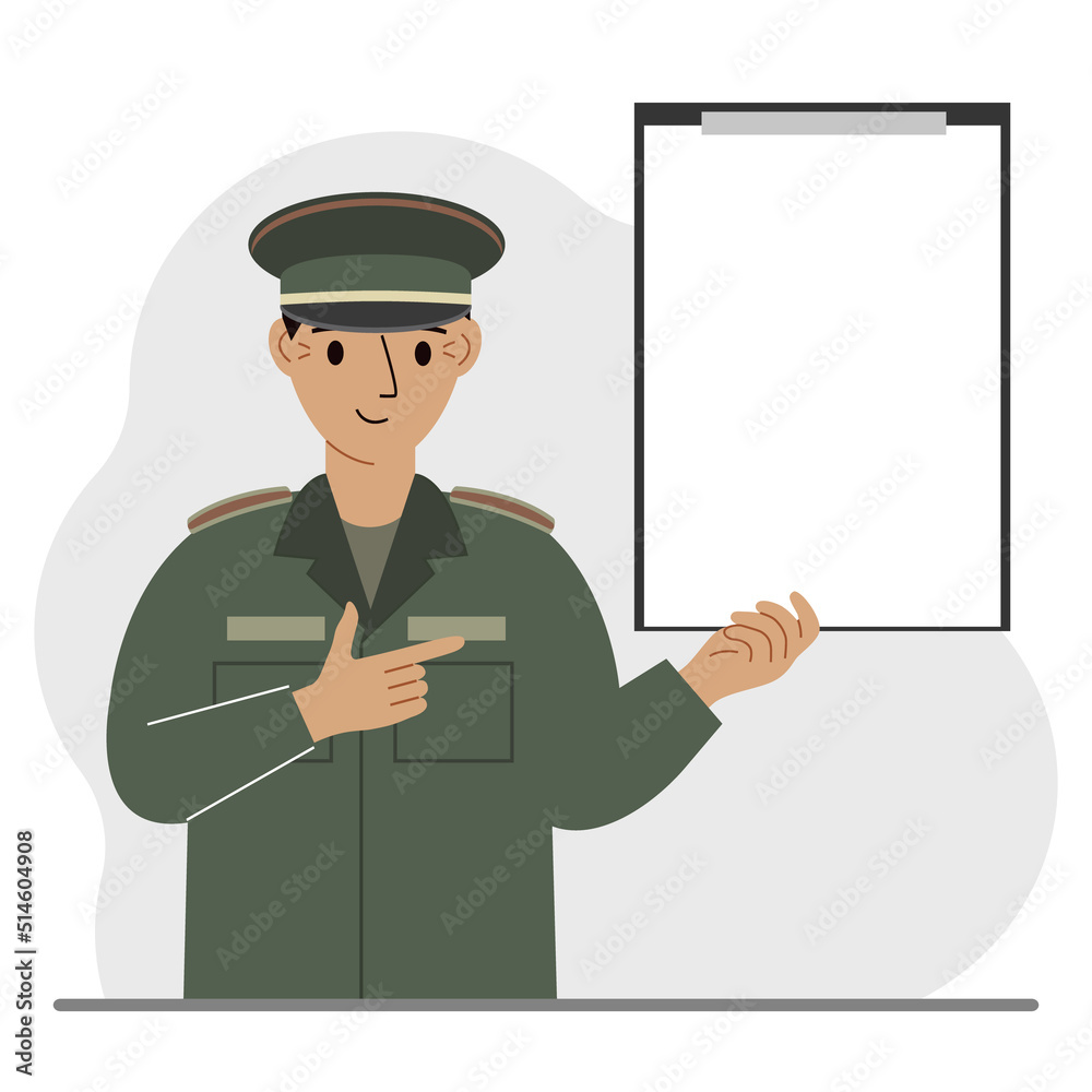 Military man in uniform with clipboards and a white sheet of paper for text.