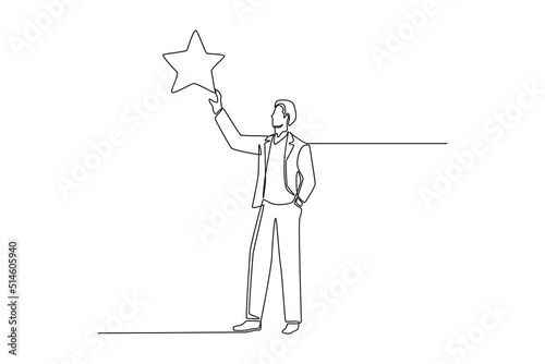 Continuous one line drawing businessman rising up hand reaching grab precious star. Career path or dream job concept. Single line draw design vector graphic illustration.