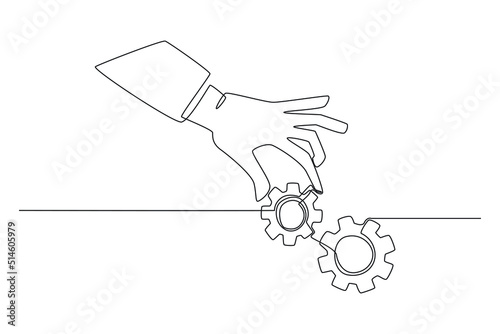 Continuous one line drawing businessman hand put important gear or cogwheel to make machine run good. Work flow concept.  Single line draw design vector graphic illustration.