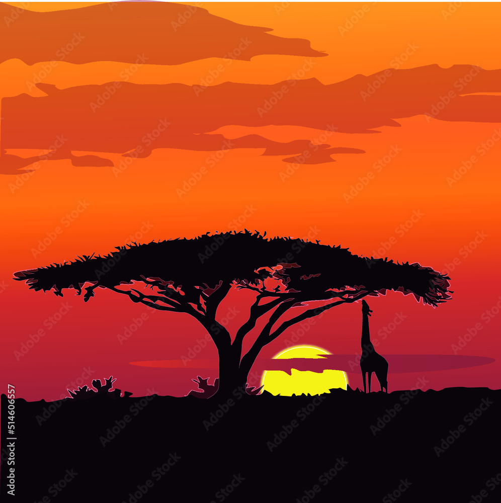 silhouette of a tree at sunset, vector illustration, savannah wildlife