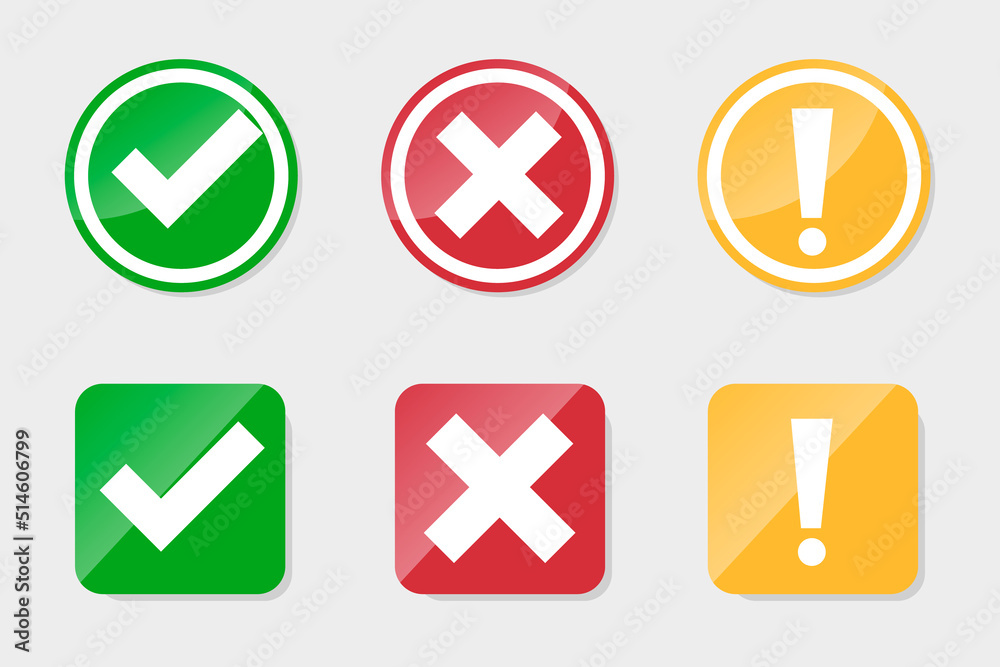 Collection Set of a check marks, exclamation points, X mark icons buttons Collection Set of a check marks, exclamation points, X mark icons buttons