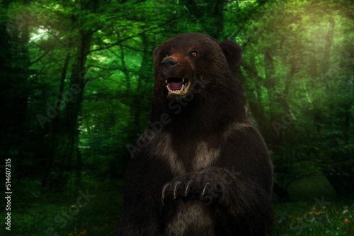 Stuffed brown adult bear on a green background.Taxidermy of wild animals.