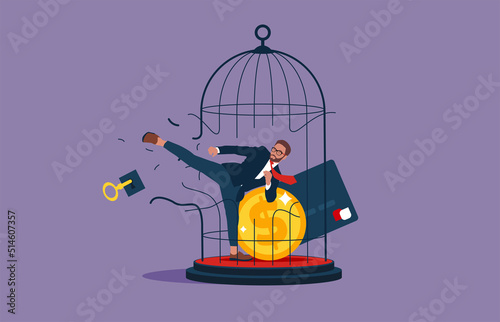 Strong businessman breaks free from bank credit card-Crisis and bankruptcy.