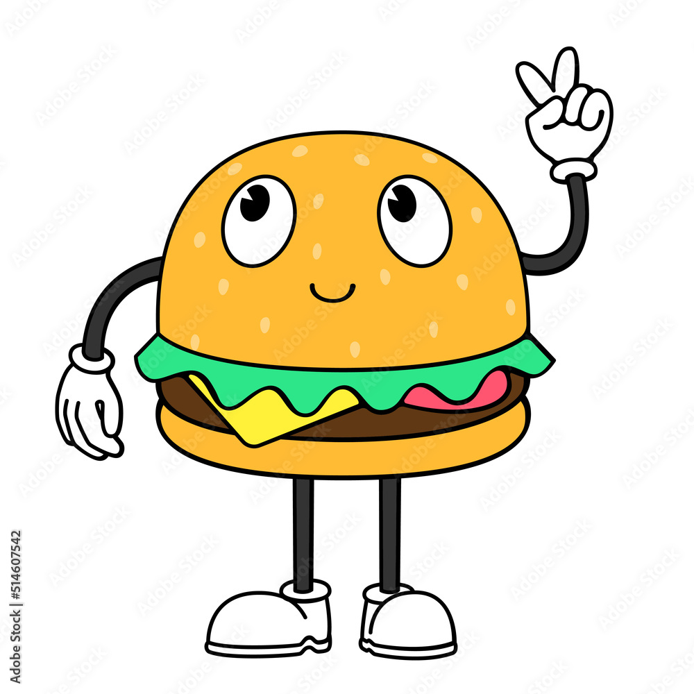 Burger cartoon character in doodle retro design. Print for t-shirt, sticker, street wear. Isolated vector illustration. Burger cartoon character in doodle retro design. Print for t-shirt, sticker, street wear. Isolated vector illustration.