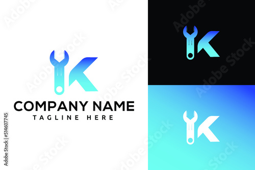 Wrench and letter K logo icon, repair and maintenance concept - Vector. Letter K  Wrench Logo Design Vector Icon Graphic Emblem Illustration Background Template. K modern logo with wrench.