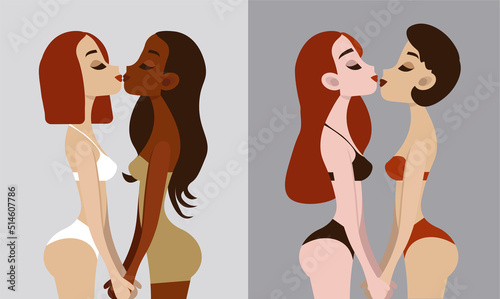 Homosexual couple in love in flat vector illustration, kissing girls in underwear. Love concept, passion, lust, relationship, dating, attraction, desire, LGBT, tolerance, lesbians, sexual orientations