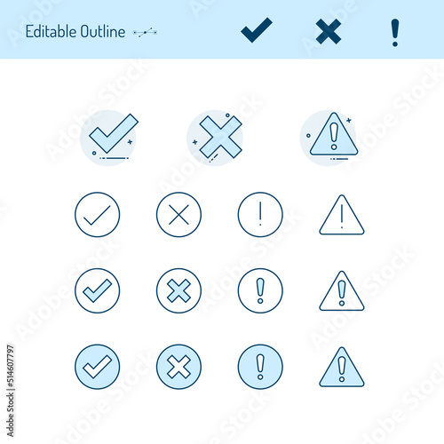 correct incorrect thin line icons, Caution icon, right wrong icon, accept reject, tick, cross, close, positive negative