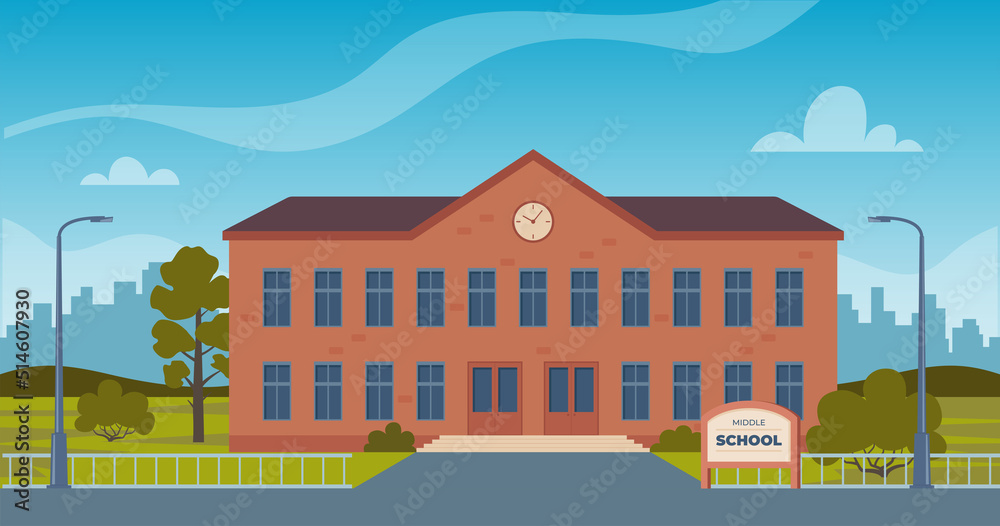 School building and empty front yard with green grass and trees. City on background. Back to school concept. Vector illustration.