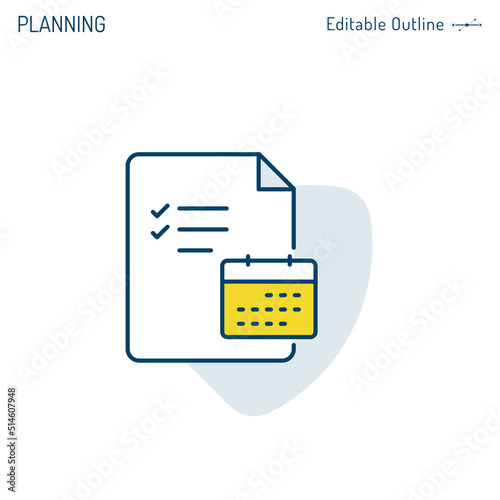 Planning icon, Calendar icon, Event organizer document, Meeting agenda and strategy, Corporate Business office files, Editable stroke
