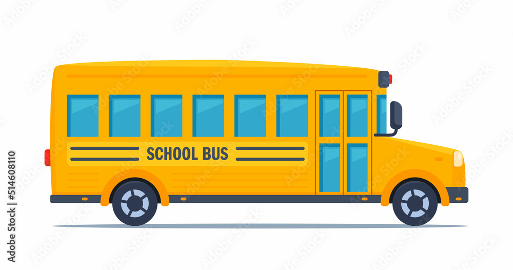Yellow classic school bus. Side view. American education. Back to school. Vector illustration.