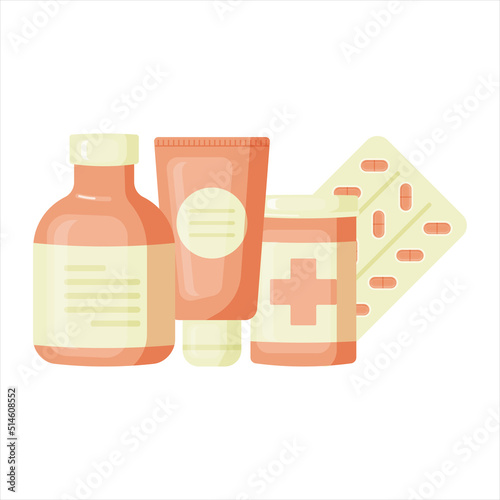 Medical bottle with label. Pill flat icon isolated on white background. Flat vector illustration.
