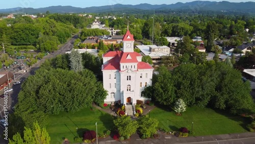 Aerial flying over Corvallis, Oregon, Benton County Circuit Court, Downtown, Drone View