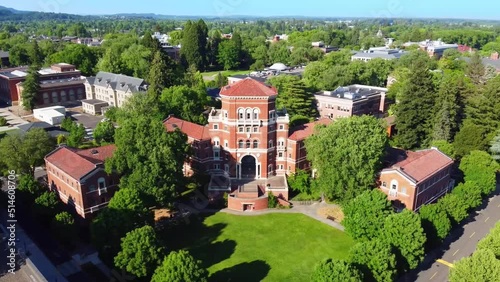 Aerial flying over Oregon State University, Corvallis, Weatherford Hall, Drone View