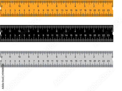 Set of three rulers on transparent background. Plastic yellow, black, gray insulated rulers with double side measuring inches and centimeters.