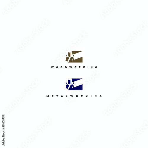 
illustration consisting of several images of milling cutters for wood and metal and the inscription "woodworking" and "metalworking" in the form of a symbol or logo