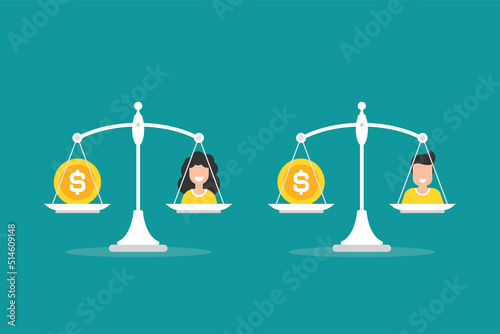 White mechanical scales with dollar coin and people in pans. Technology or innovation value concept. work and life balance.