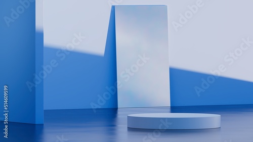 3d mock-up podium, Sky in mirror, Blue colors. Modern platform for product or cosmetics presentation. Bright contemporary backdrop. Render scene.