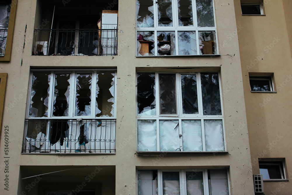 Irpin, Bucha, Dmitrivka. Atrocities of the Russian army in the suburbs of Kyiv. Irpin. House of civilians destroyed by russian tanks. Russia's war against Ukraine. KYIV REGION, UKRAINE. Broken windows