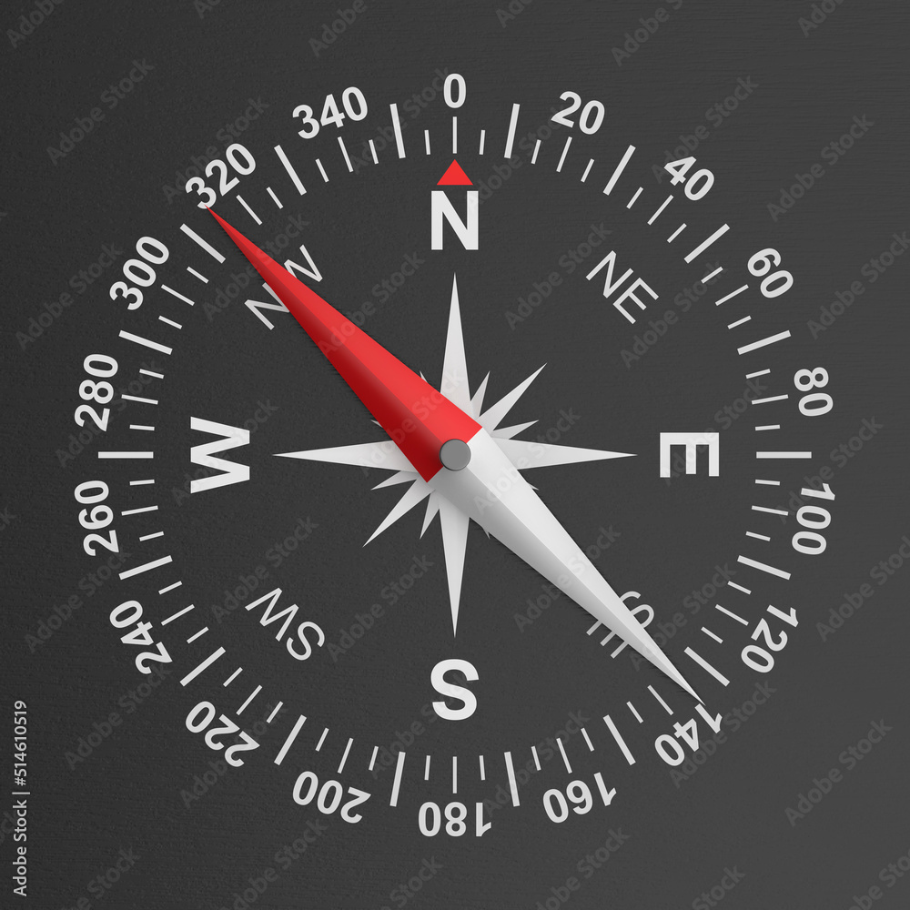 3D illustration of black colored compass, front view 3D illustration of black colored compass, front view