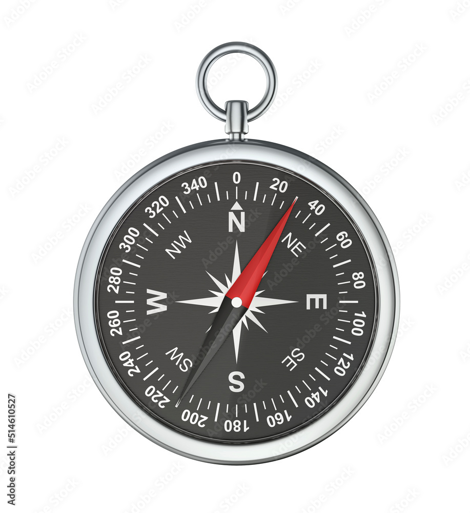 Silver compass isolated on white background, front view Silver compass isolated on white background, front view