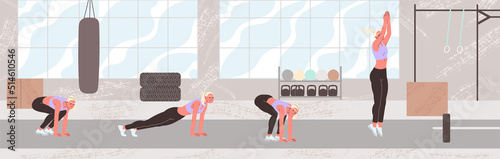 Fit woman doing a burpee exercise. Endurance training. Step by step instructions burpee.