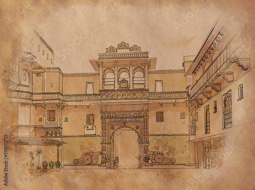west zone cultural center udaipur, Museum Bagore Ki  close to Gangaur Ghat in Udaipur in India, sketch 