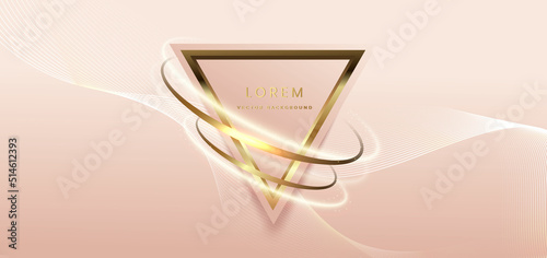 Abstract glegant triangle frame with gold curve lines and lighting effect spakle on soft pink background. Template luxury design. photo