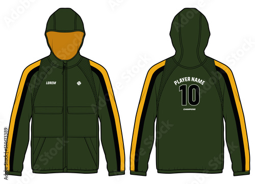 Long sleeve tech shell bomber Hoodie jacket design flat sketch Illustration, Hooded utility jacket with front and back view, winter jacket for Men and women. for hiker, outerwear and workout in winter