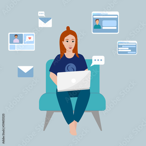 Happy woman work in social media or meeting website. Freelance or studying on laptop surrounded by icons.
